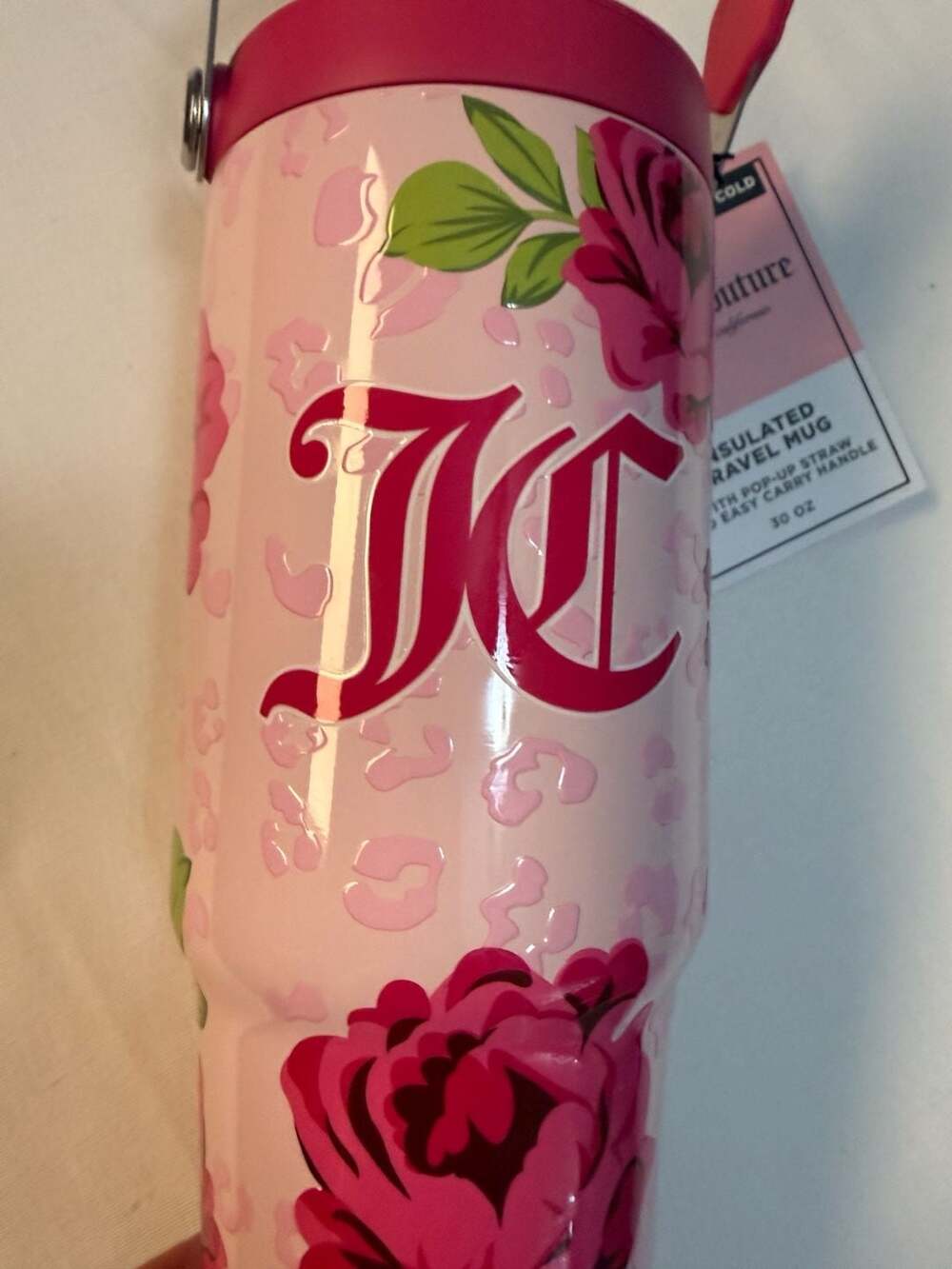 Juicy Couture 30 oz Insulated Travel Mug with Pop-Up Straw and Carry Handle